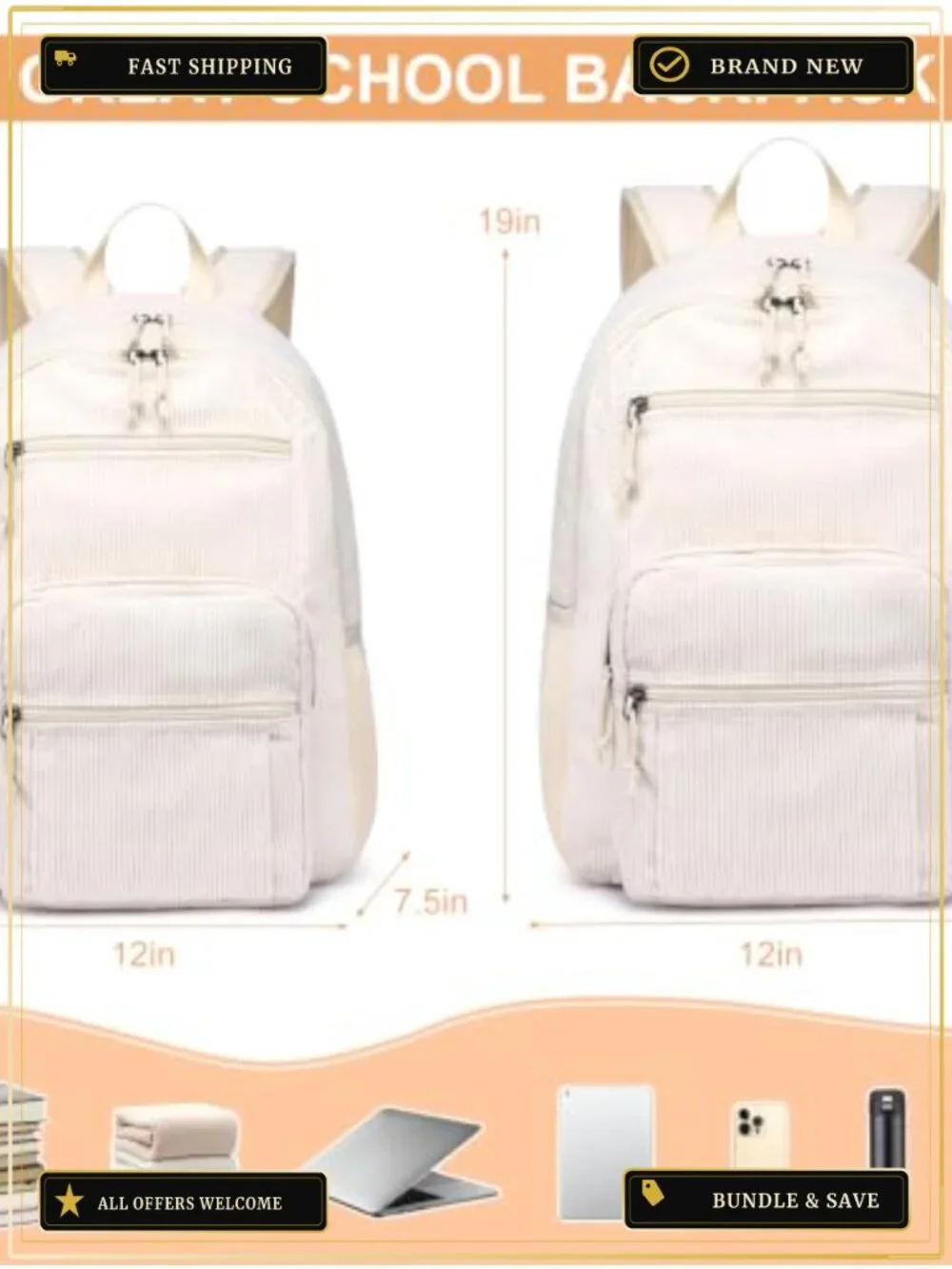 Corduroy School Backpack for Girls Boys, Cute Student Bookbag with Pockets